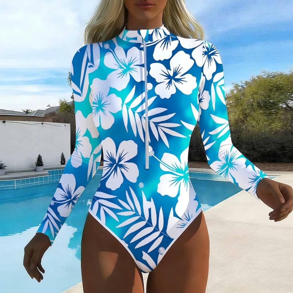 Women Long Sleeve One Piece Swimsuit Zip Front Flowers Print Rash Guard Surfing Bathing Suit