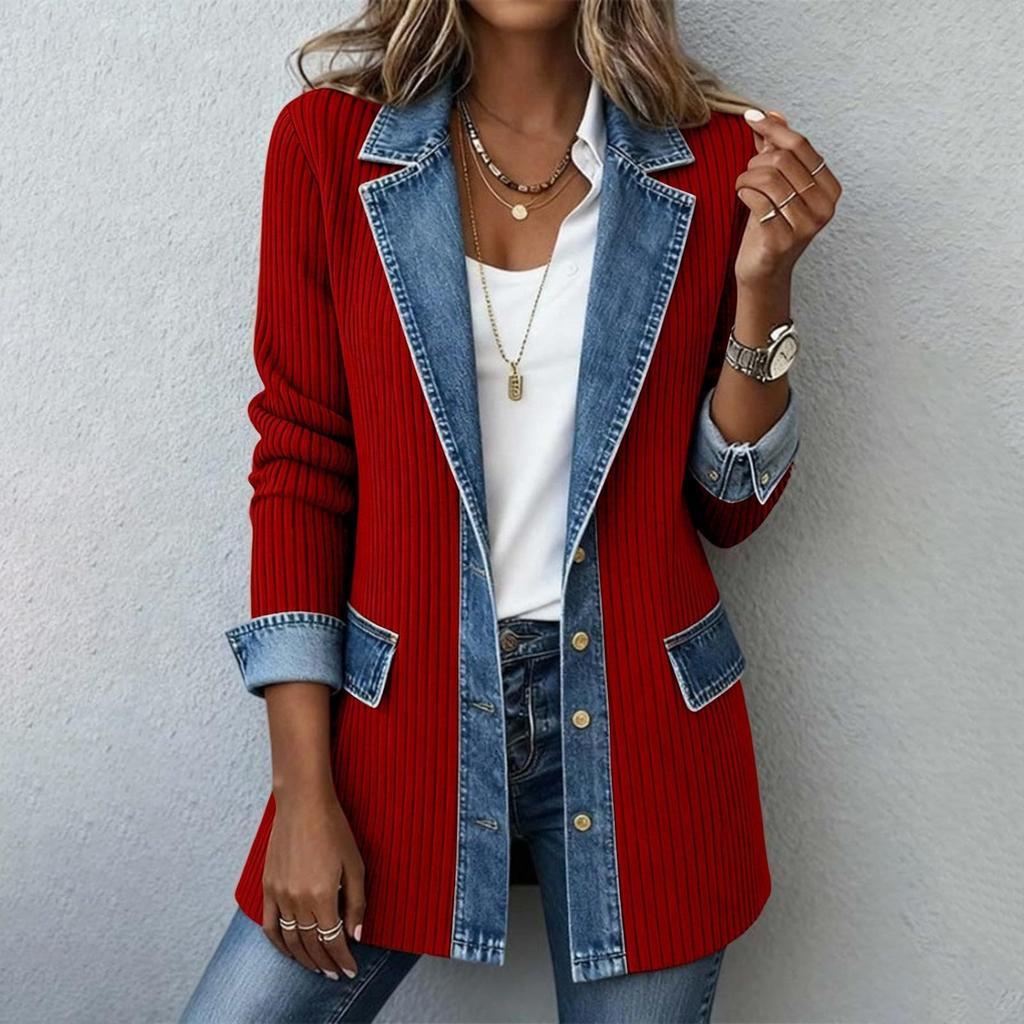 Women's Casual Denim Knit Patchwork Jacket with Lapel Collar for Everyday Wear