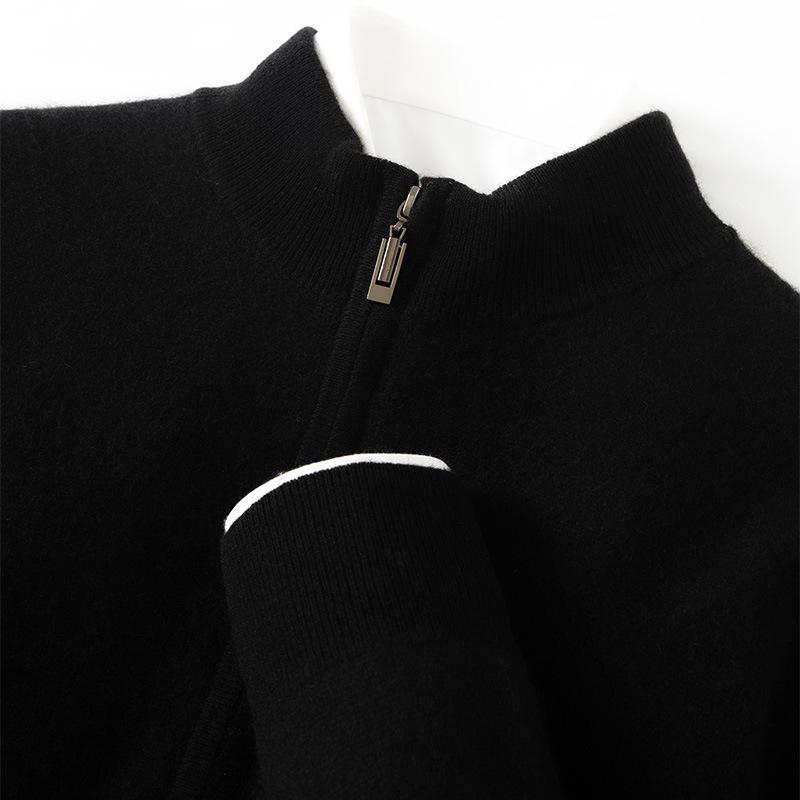 Men's Cashmere Zipper Knit Cardigan - Half-High Collar, Solid Color, Long Sleeve, Versatile Autumn/Winter Sweater.