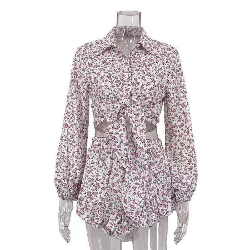 

Western Style Floral Long sleeve Lapel Shirts Frill Shorts Set Floral Shirt Shorts Set Pink L