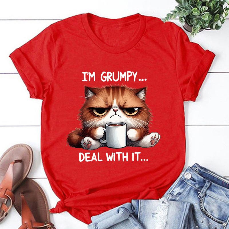 

New Funny Cat I M Grumpy Deal With Is T Shirt Unisex Short Sleeve O Neck Summer Casual Letter Printing Women T-Shirt Top Tee 4XL