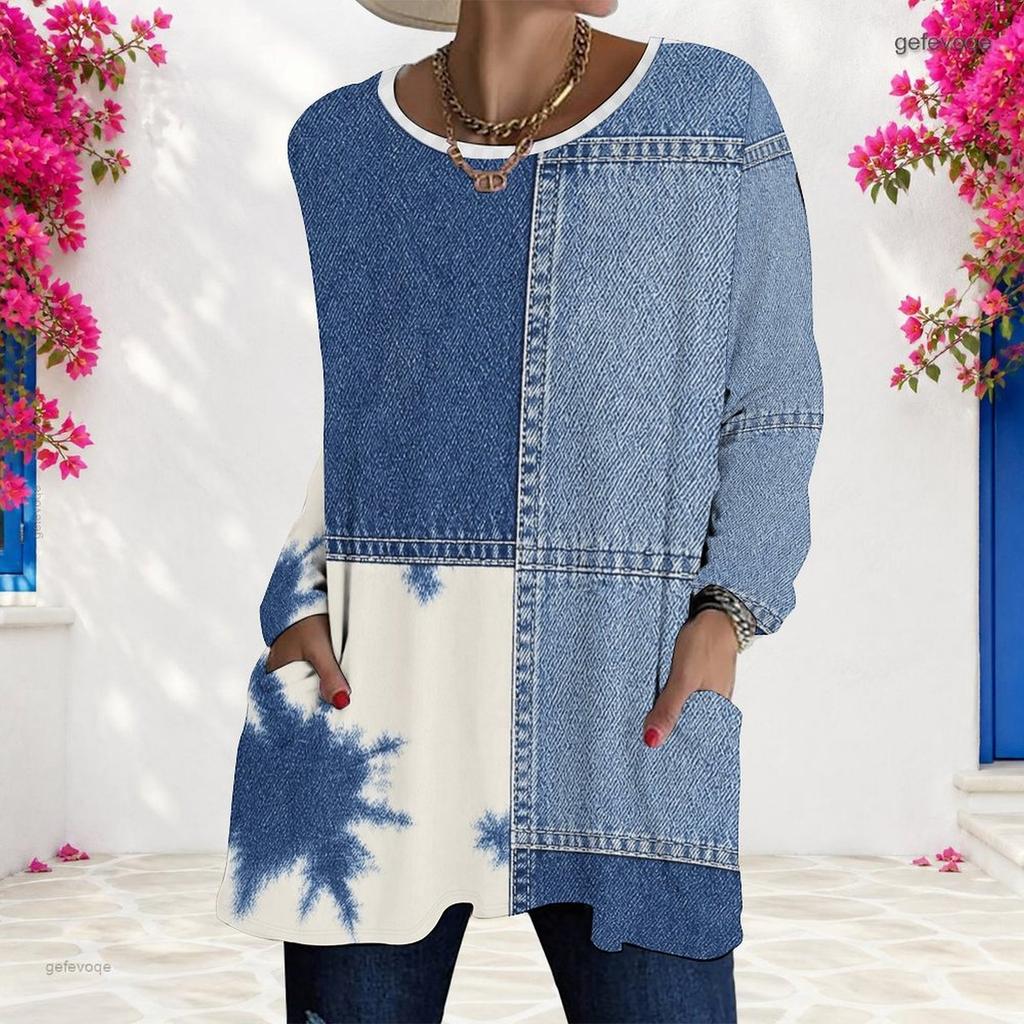 Women Plus Size Round Neck Long Sleeve Printed Loose Longline T Shirt With Pockets