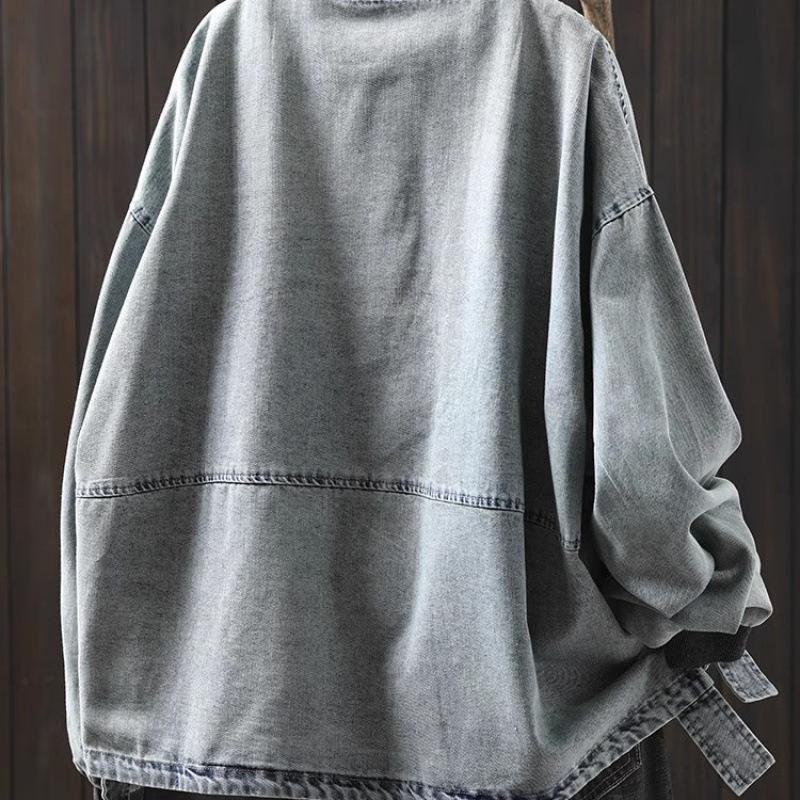 Damen Petites lockere Jeansjacke mit Revers - Frühling Lässig Übergröße