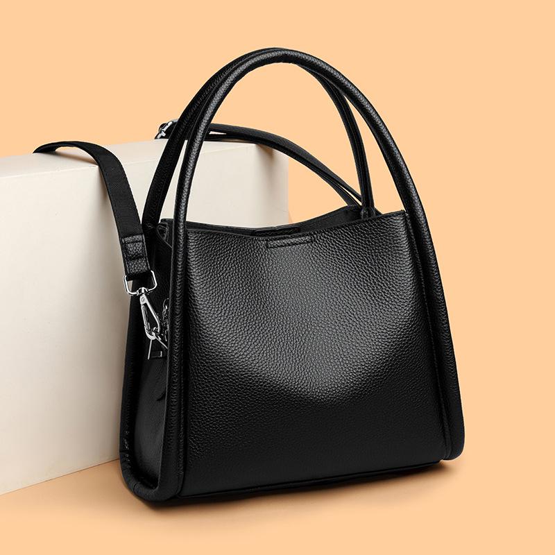 Luxury Women's Genuine Leather Tote - Large Capacity, Solid Color, Single Shoulder or Crossbody Bucket Bag