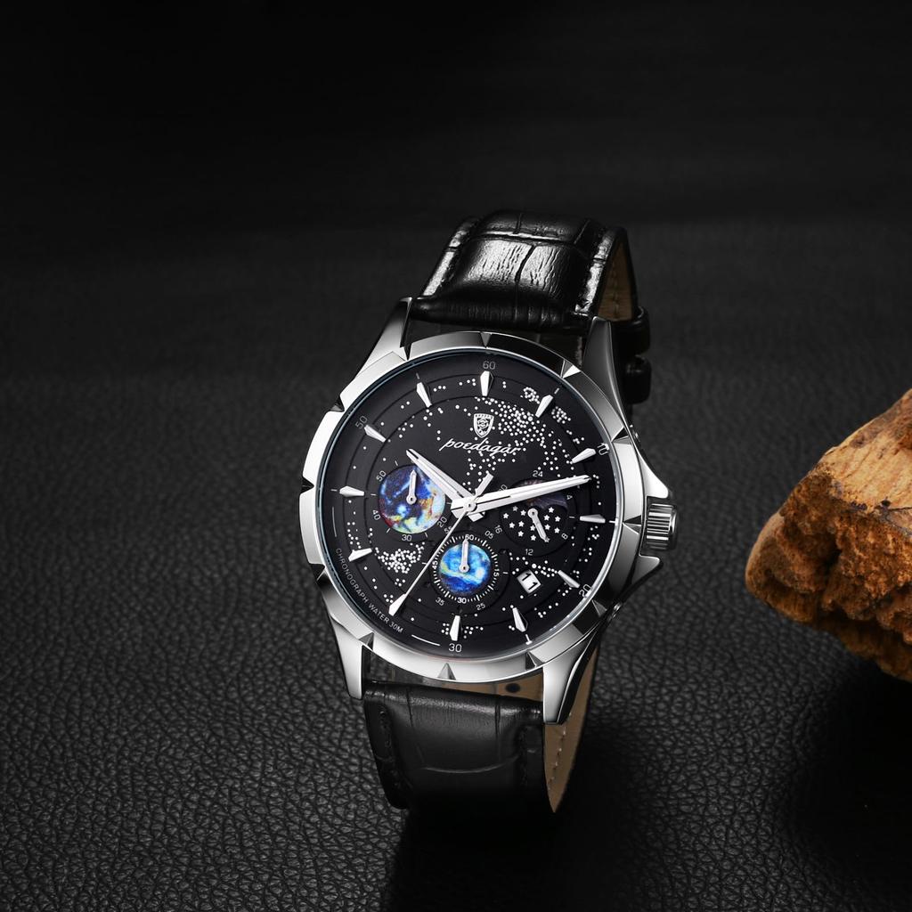 Starry Sky Watch with Leather Luminous Analog Quartz Watch with Leather Fashion Watch Boyfriend Gift Men's Strap, Waterproof Calendar, Strap, -