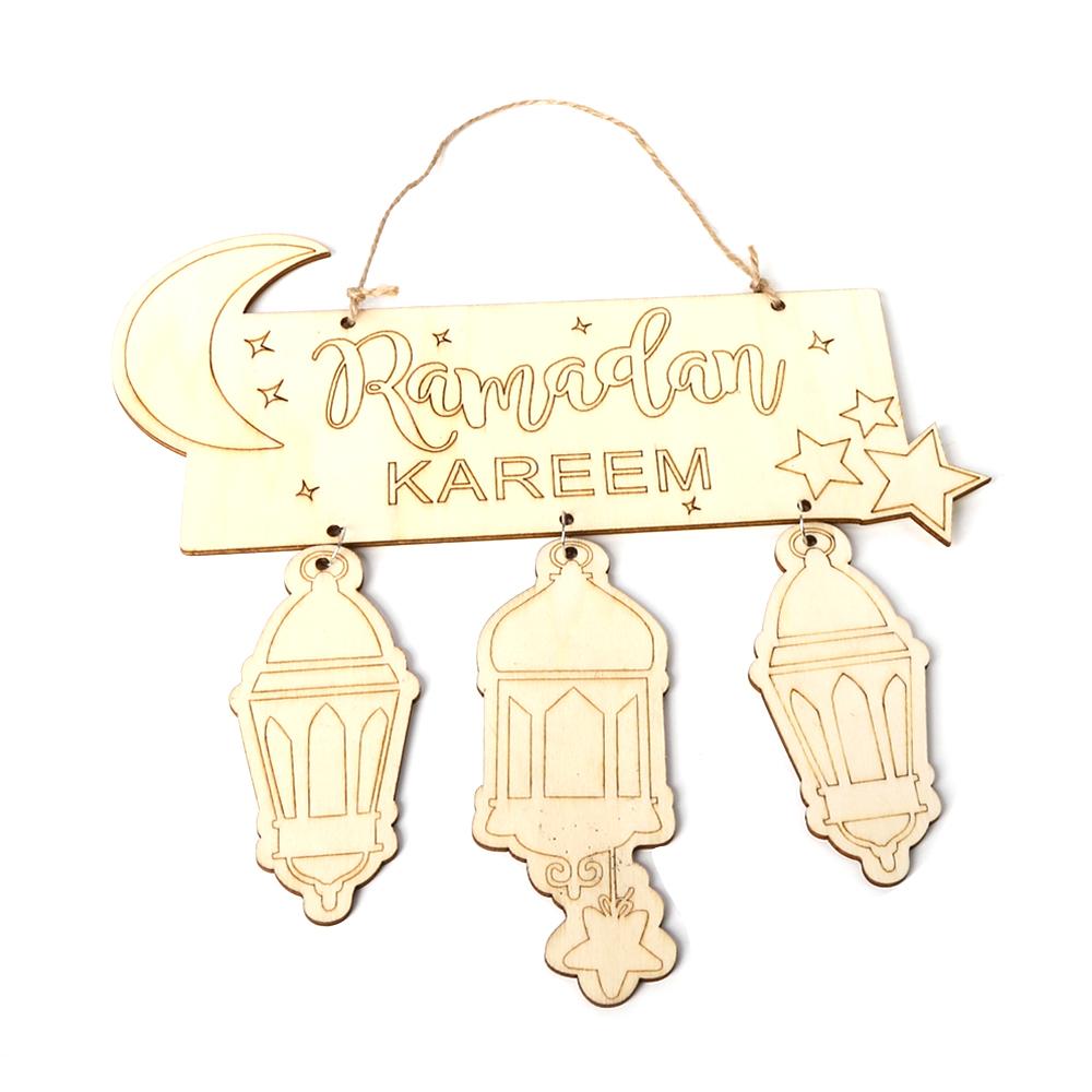 Wooden Eid Mubarak  ing Pendant Ramadan   Pattern   Crafts Ornament with Rope Festival Decoration