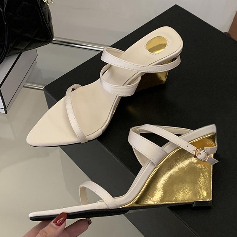 Summer Fashion Gold Wedges Sandals For Women 2026 New Design Pointed Open Toe Ankle Strap High Heels Party Dress Shoes