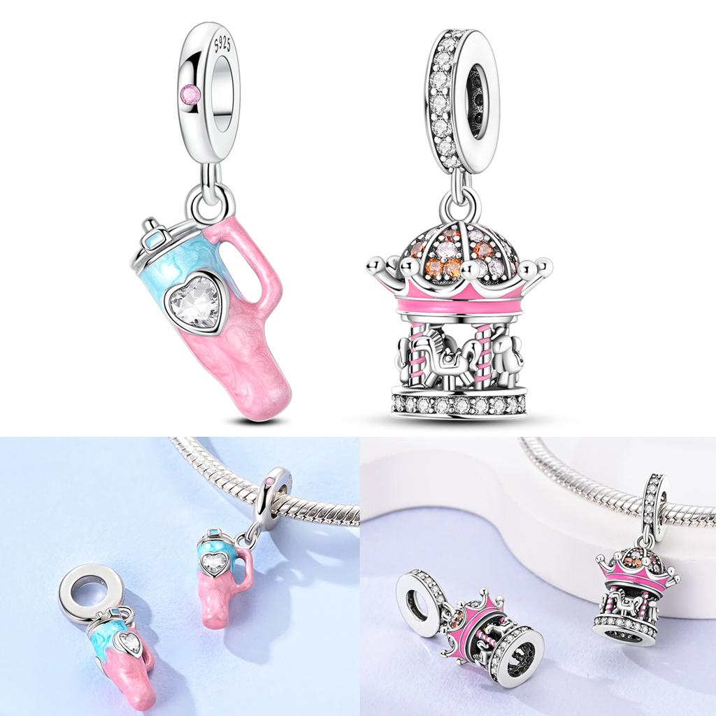 925 Silver Summer Water Cup Charms Bead CZ Zircon Carousel Dangle Fit Bracelet DIY Women Jewelry Gift
