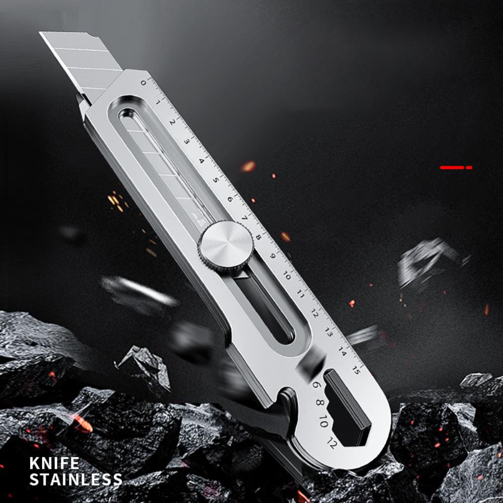 Coltello multiuso resistente da 25 mm 6 in 1 Acciaio inossidabile Scatola per cancelleria da ufficio Taglierino Apribottiglie Apri barattoli Righello a vite