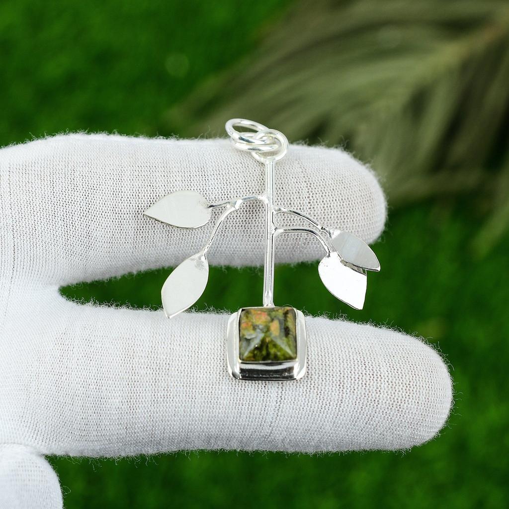 Pandantiv cu Piatră Prețioasă Unakit Natural Verde Argint Sterling 925 Bijuterii Indiene