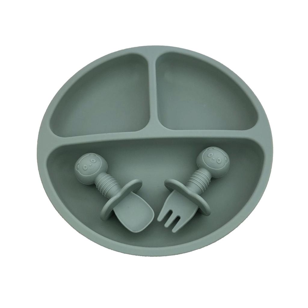 Silikon Smiley-Gesicht Kinderplatte mit unterteilten Abschnitten, Gabel- und Löffelset