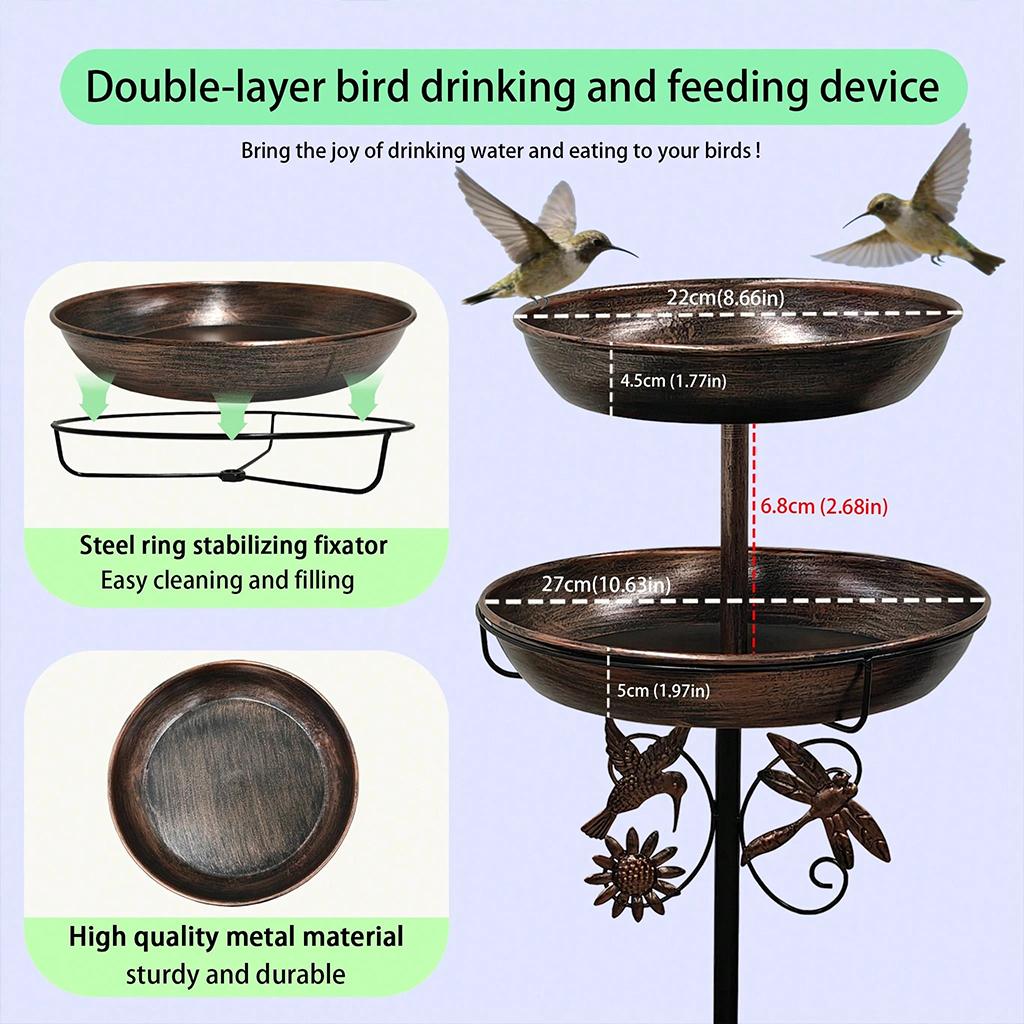 1Pc Vintage 2-Tier Iron Bird Bath & Feeder Combo – Rust-Proof 5-Claw Ground Stake, All-Weather Outdoor Garden Decor for Hummingbirds & Sparrows