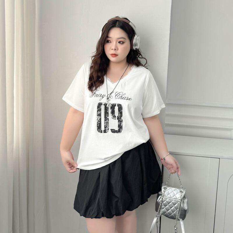 

Plus size women clothing [Los Angeles Street T] American Letters Print Short sleeve T-shirt Lace V-neck 100.00kg Top Cheese White 9xl