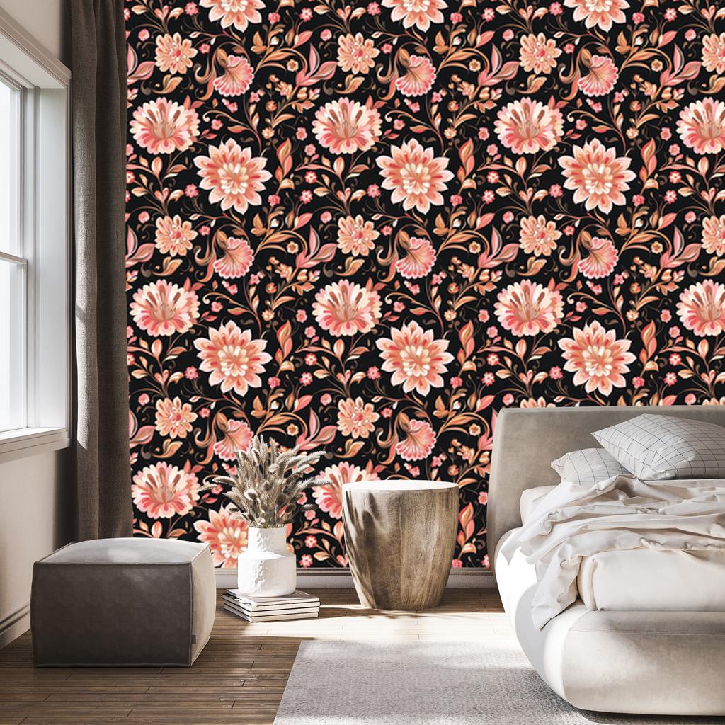 Beautiful Burgundy and Orange Flowers Wallpaper for Living Room and Bedroom 50x1000