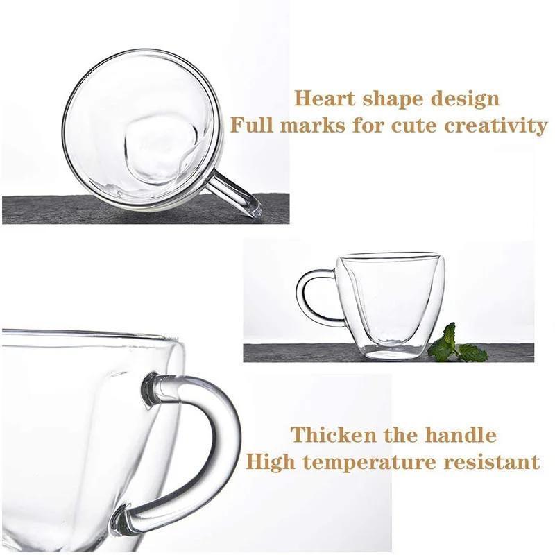 Unique Double Wall Heart Shaped Glass Coffee Mug Insulated Clear Tea Milk Cup with Handle Valentine's Day Couple Drinkware Gift
