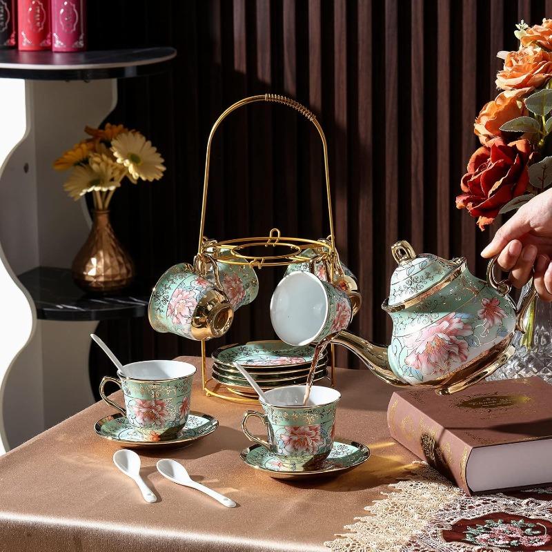 20 Pcs Porcelain Tea Set with Metal Holder and Spoon Adult Ceramic Tea Party Set European Flower Painting Teapot Cup Saucer