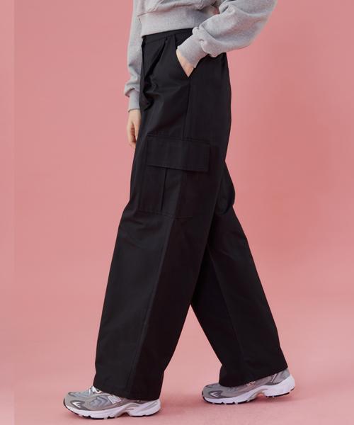 KOLEAT Women Functional Crinkly Wide Cargo Slacks Pants [Black]