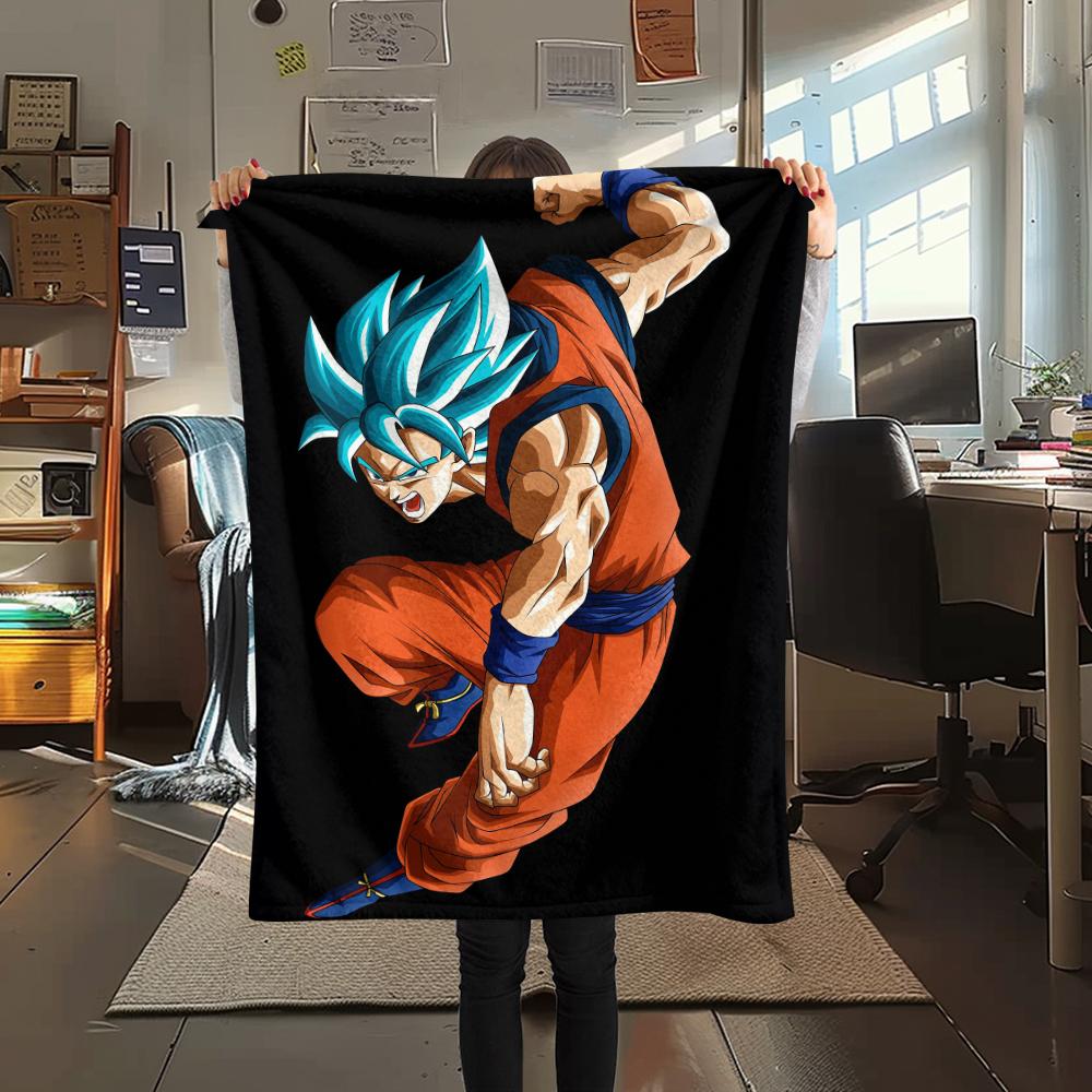Cartoon Goku Pattern Flannel Blanket, High Quality Comfortable for All Seasons, Home Decor, Warmth and Comfort, Perfect for Gifts.