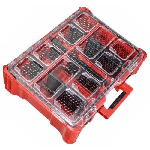 48-22-8432 Milwaukee Packout Deep Organizer, 50 Lb Weight Capacity, IP65 Rated Protection, Reinforced Hinges, 6 Dividers, 3 Large and 3 Small.