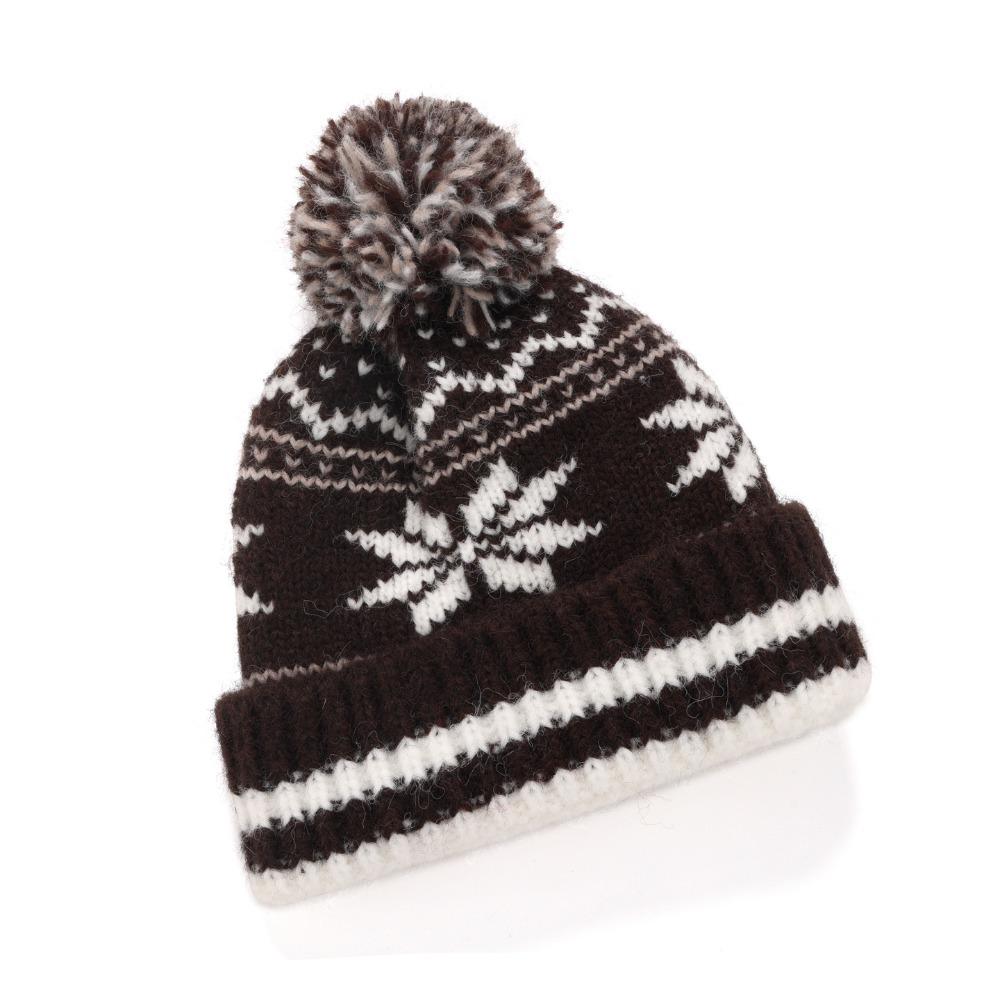 Cozy Retro Knitted Hat Soft Snow Flake Jacquard Pompoms Beanie Warm Winter Hat Scarf for Women