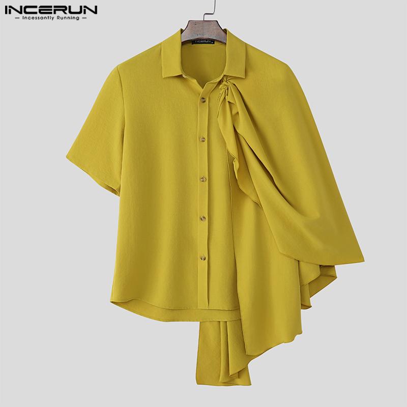INCERUN Чоловічі сорочки-кейпи з лацканами, короткими рукавами, ґудзиками, рюшами, клаптиковою технікою, повсякденного стилю