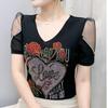 Streetwear Girl Chic Summer T-shirt Fashion Sexy Slim Women Flower Heart Tops Shiny Rose Hot Diamonds Design Tees