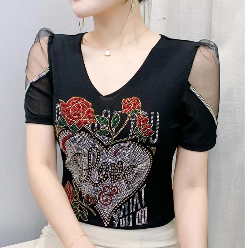 Streetwear Girl Chic Summer T-shirt Fashion Sexy Slim Women Flower Heart Tops Shiny Rose Hot Diamonds Design Tees