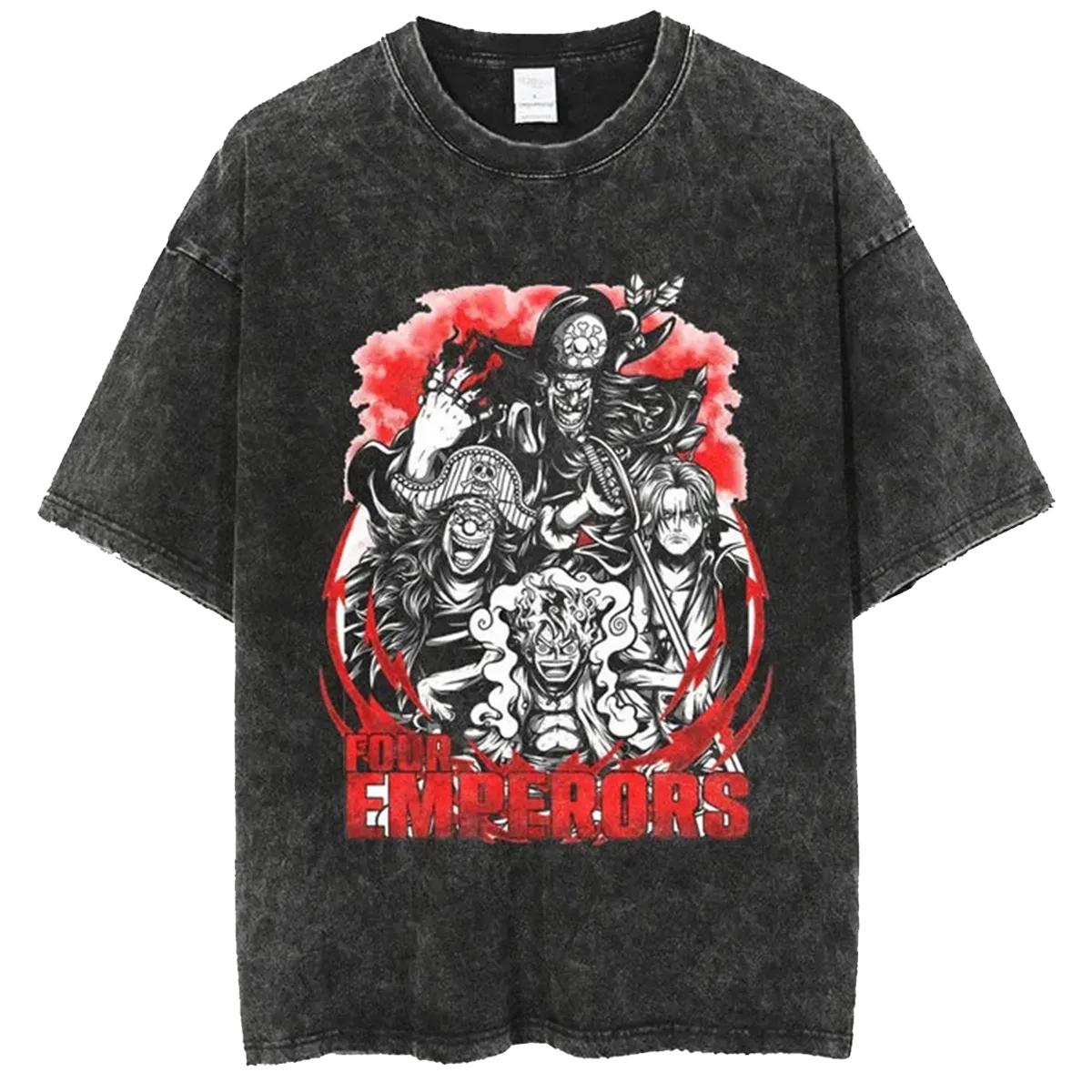 Japanese anime One Piece Four Emperors Washed TShirt summer New Cotton Four Emperors Harajuku YK Short sleeves shirt L