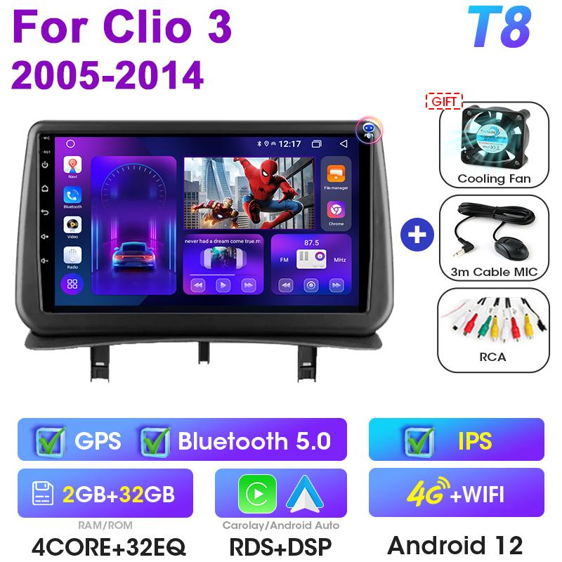 Android 12 Car Radio For Renault Clio 3 2005 -2014 2 Din GPS Navigation Carplay Auto Stereo Intelligent Systems Smart Autoradio
