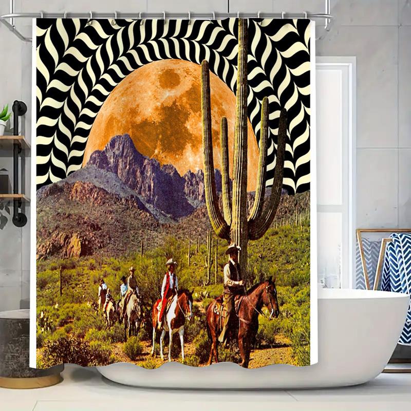 Western Shower Curtain Desert Landscape Horseback Riding Vintage Southwestern Decor Farmhouse Bathroom Curtains Rustic Cowboy Th W60H190(CM)-1 Pcs
