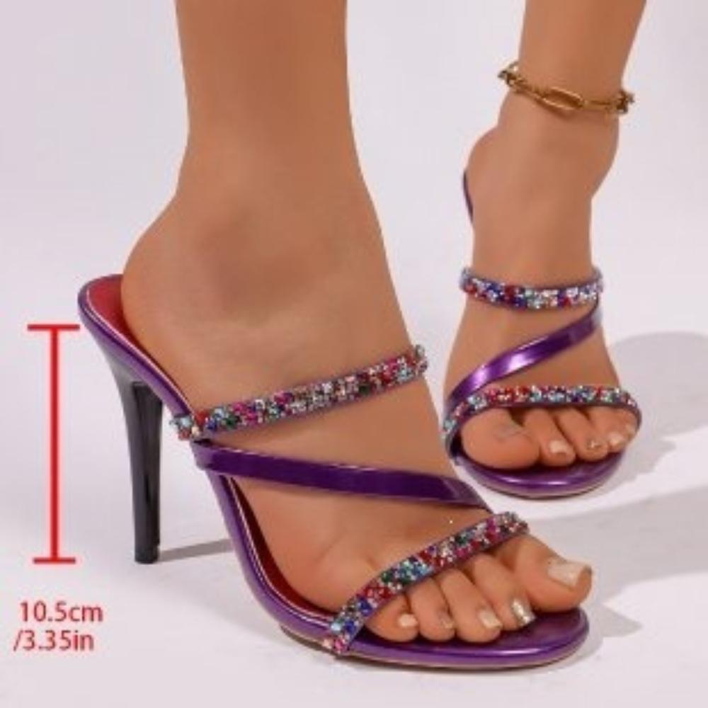 

2026 New Color Diamond Straight Strap High Heel Cool Trailer Exposed Toe Square Head Thin Heel 43 фіолетовий