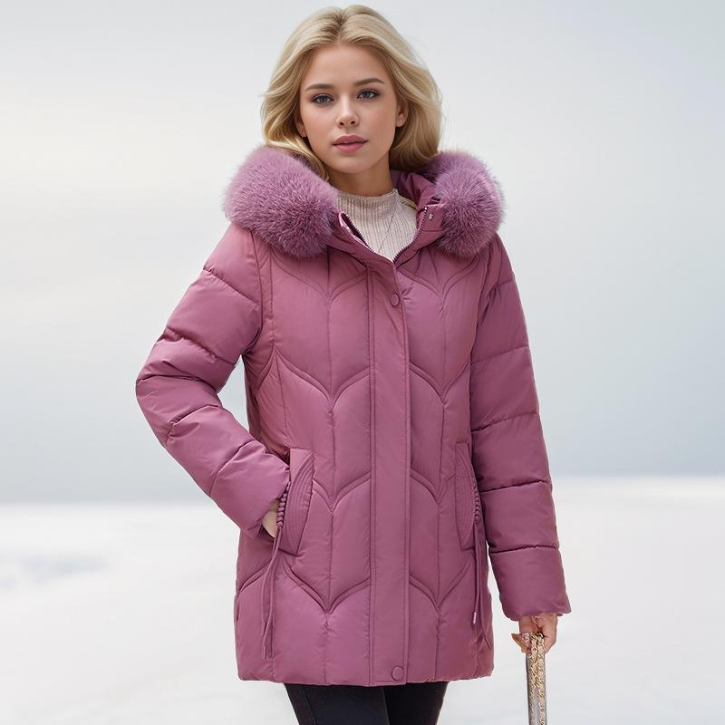 Cotton-padded Clothes, Women's Medium and Long Middle-aged and Elderly Mothers' Winter Clothes, Solid Color, Big Fur Collar, Hooded Inside