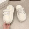 Small thick-soled fluffy slippers for women to wear 2025 autumn and winter new Internet celebrity explosion heightening belt buckle cotton slippers