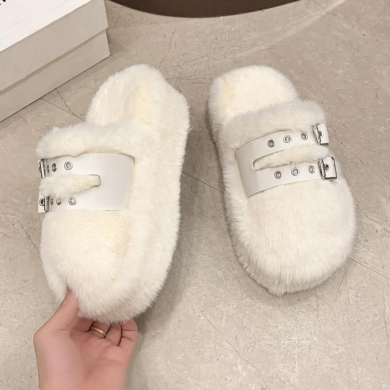 Small thick-soled fluffy slippers for women to wear 2025 autumn and winter new Internet celebrity explosion heightening belt buckle cotton slippers
