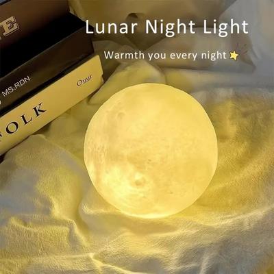Moon Lamp with Bracket, Suitable As a Gift for Friends and Lovers, White Spherical Moon Lamp with Wooden Frame Base