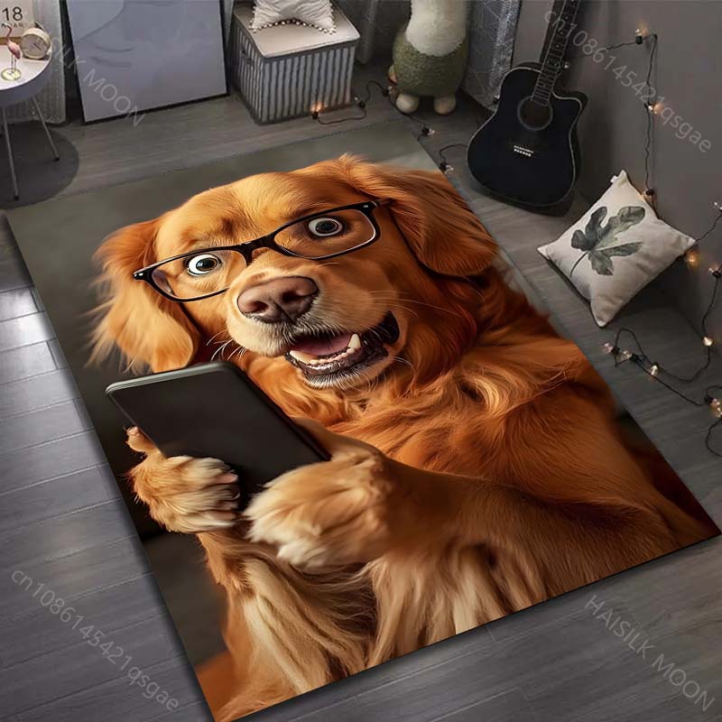 Lustiger Welpe schaut aufs Handy Druck Teppich für Schlafzimmer Wohnzimmer Bettseite Sofa Bodenmatte Moderne Heimdeko Bereichsteppich
