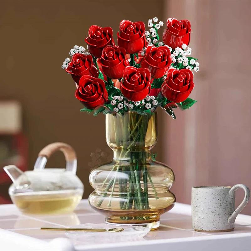 968 st Romantisk Ros Blomma Bukett Byggklossar Kreativ Hem Skrivbord Växt Dekoration Monteringskloss Leksak För Gåvor Flicka Dam