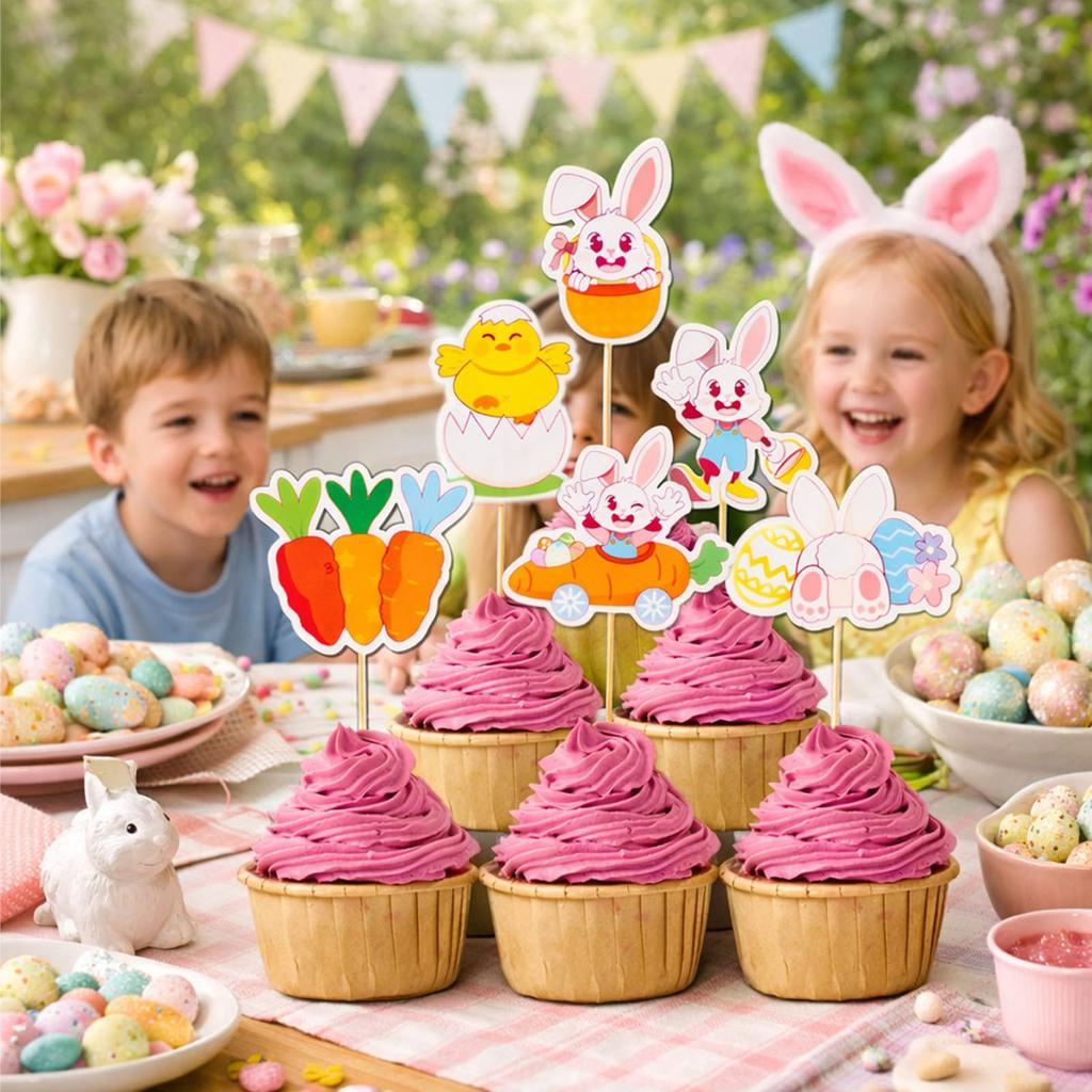 Easter Cake Decoration Kit, Double-sided Colorful  Easter Egg Paper Cupcake Small Sign, Party Supplies