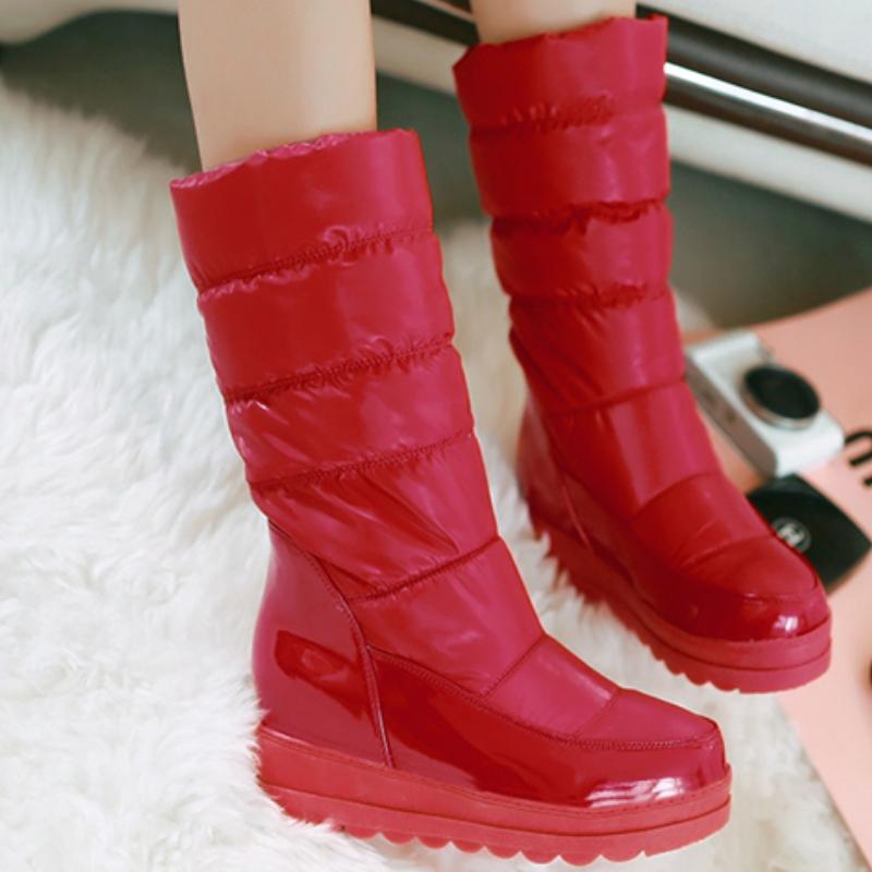 White Women's Winter Snow Boots 2024 Black Red Warm Fur Plush Mid-calf Boot Wedge Low Heels Fashion Long Shoes Girls Waterproof