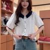 European Color-Block Peter Pan Collar Lace Embroidered Short-Sleeve Women’s Loose-Slimming Top