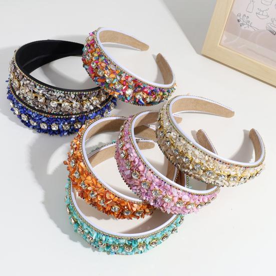 Women Headband Mini Stone Decor Rhinestone Rich Colors Wide Band Elastic Hair Decoration Anti-slip Turquoise Dating Hair Hoop Hair Accessories
