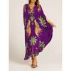 Women's V Neck Three Quarter Maxi Dress Loose Fit Mid Waist Tropical Print Kaftan Beach Dress
