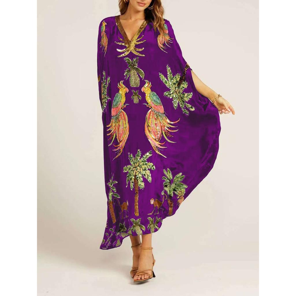 Women's V Neck Three Quarter Maxi Dress Loose Fit Mid Waist Tropical Print Kaftan Beach Dress