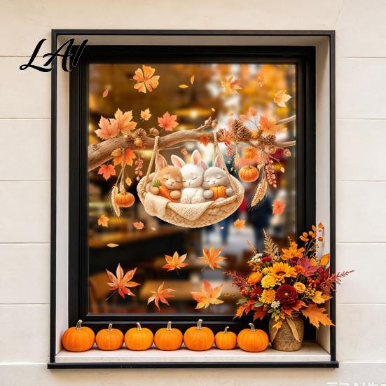 Autumn Window Clings 2Pcs Fall Maple Leaves Animals Static Stickers Squirrel/Hedgehog/Rabbit/Raccoon Glass Home Ornament PVC Waterproof for