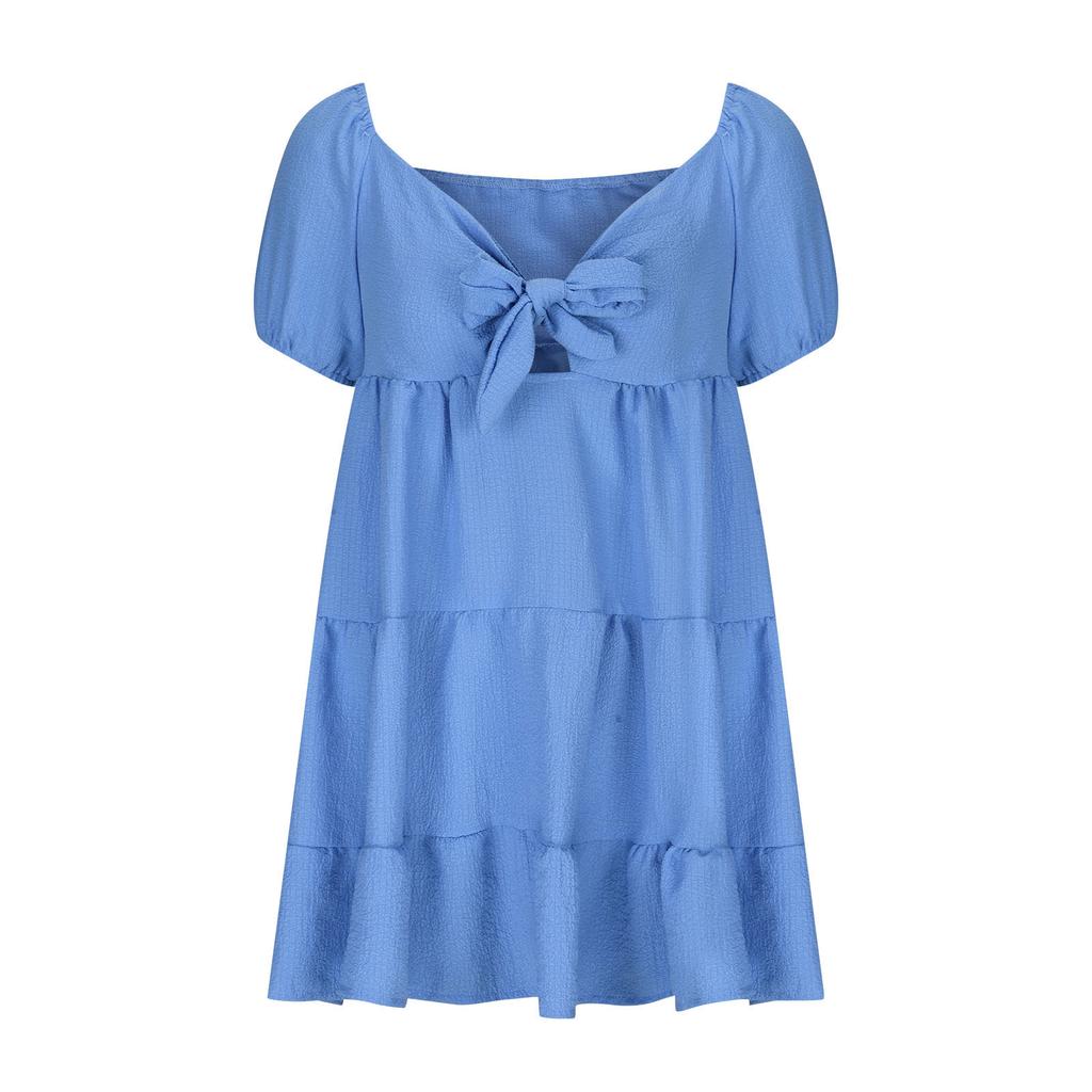 GMXIA Solid Color Print Summer Fashion Lace-up V-neck Short Sleeve Dress