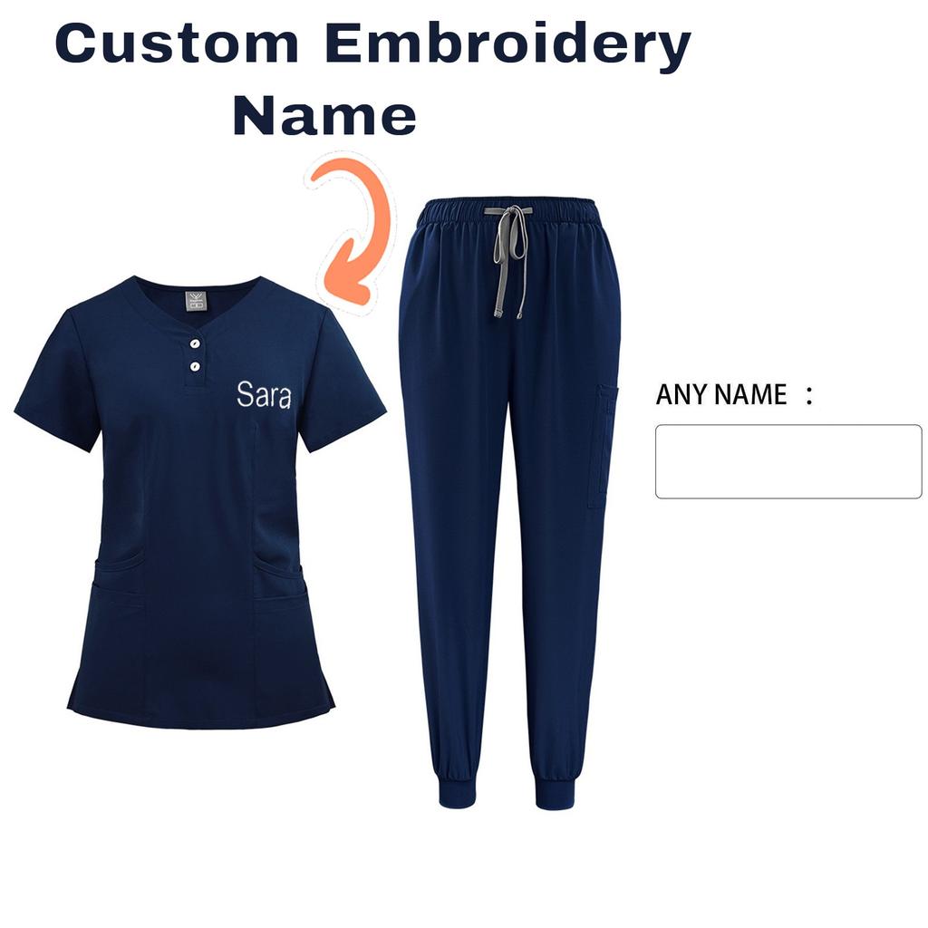 DIY Name Embroidery Customization Women's Uniform Quick-drying Fabric Solid Color V-neck Pocket Short-sleeved Trousers Suit Dry-nurse Work Clothes