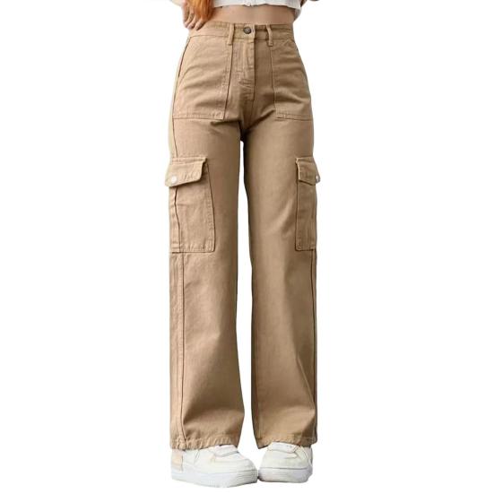 Damen-Cargohose, mittelhoher Bund, Knopfleiste, Reißverschluss, lässige Hose mit mehreren Taschen, gerades Bein, lockere Passform, einfarbig, lange Hose