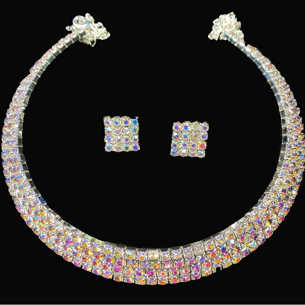 Elegant Rhinestone Claw Chain Bridal Jewelry Set: Multi-Row Earrings & Necklace