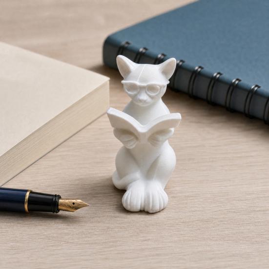 Cat Desk Decoration 3D Printed Reading Statue, Holding Book Glasses Figurine, Artistic Ornament Modern Decorative Animal Sculpture for Home