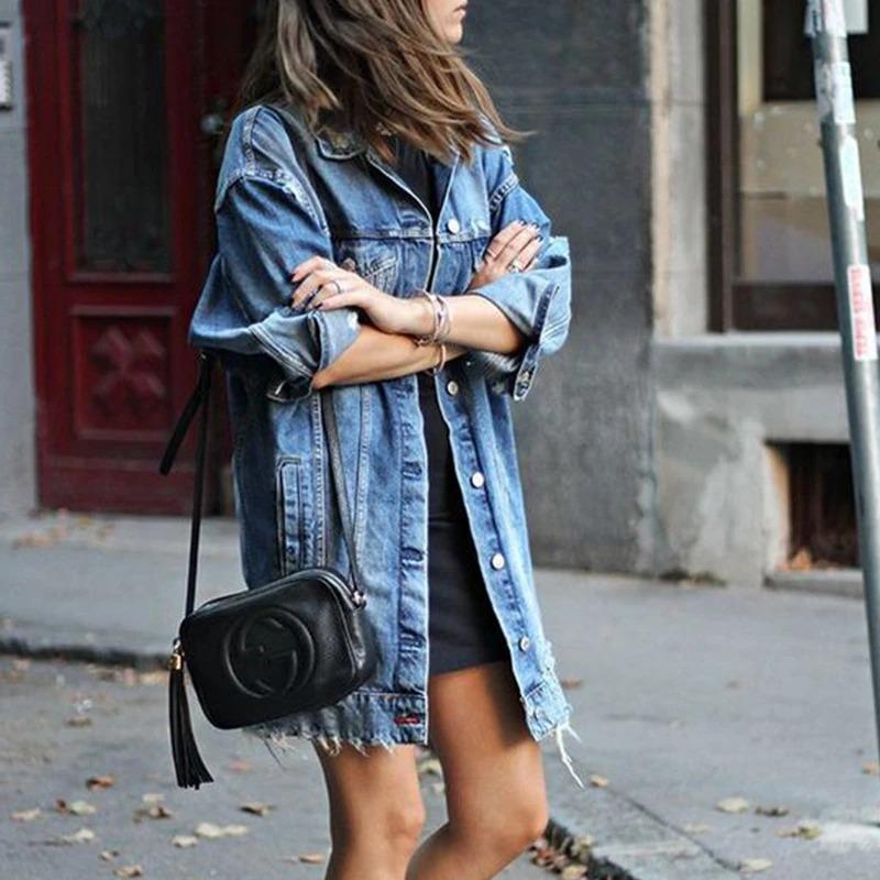 

Осень-зима женская джинсовая куртка Harajuku Boyfriend Wind Jean Jacket Loose Long Sleeve Female Coats Large Size Female XS темно-синий